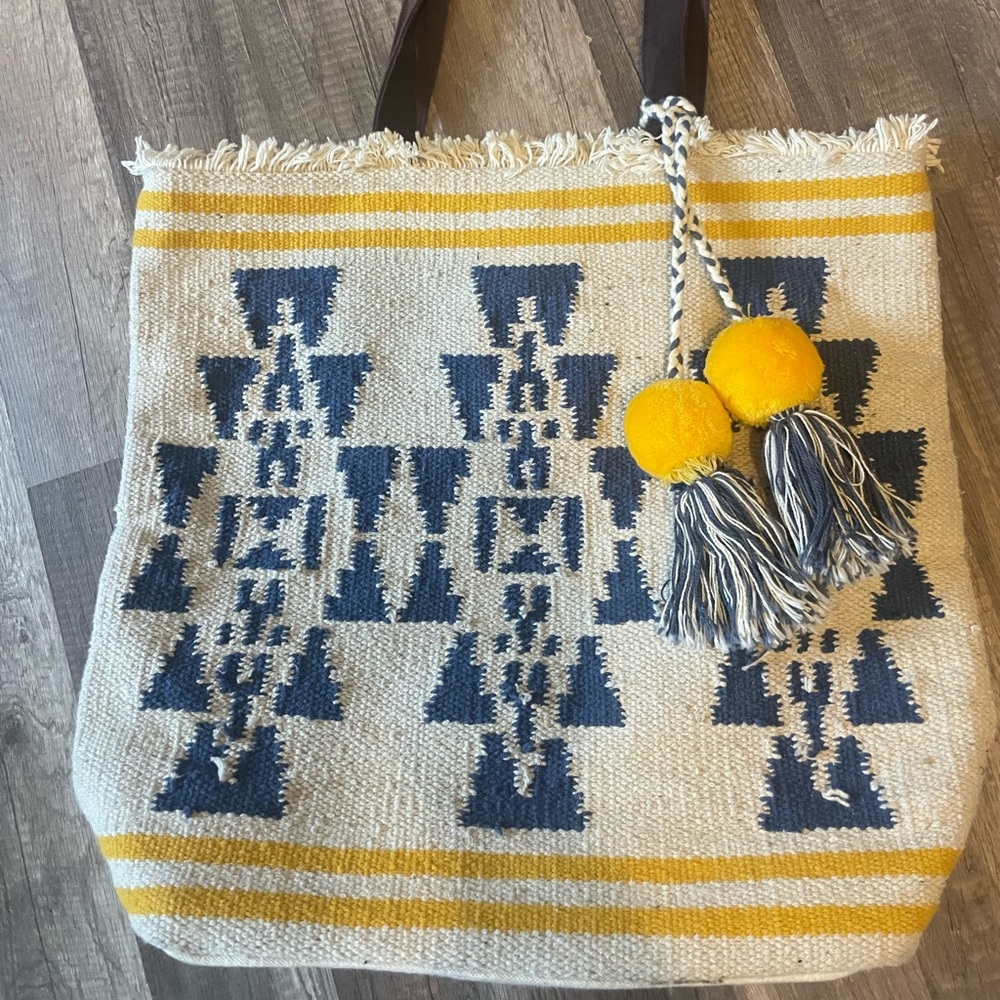 A&P Yellow and Blue Patterned Boho Tote Bag w Tasseled Pom Pom